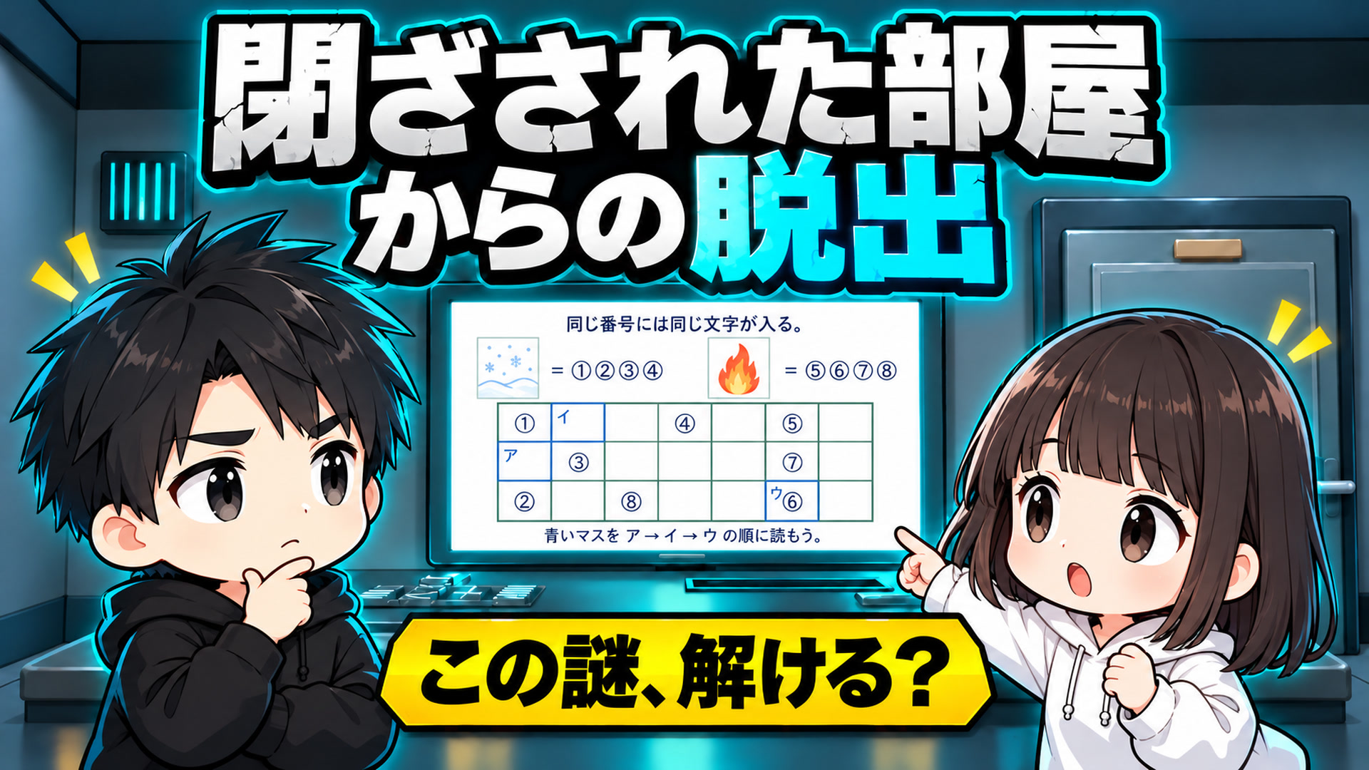 閉ざされた部屋からの脱出。おにとおねがモニターの謎に挑む